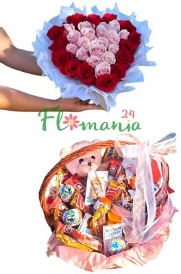 Сердце из роз + плюшевый мишка и корзинка со сладостями 